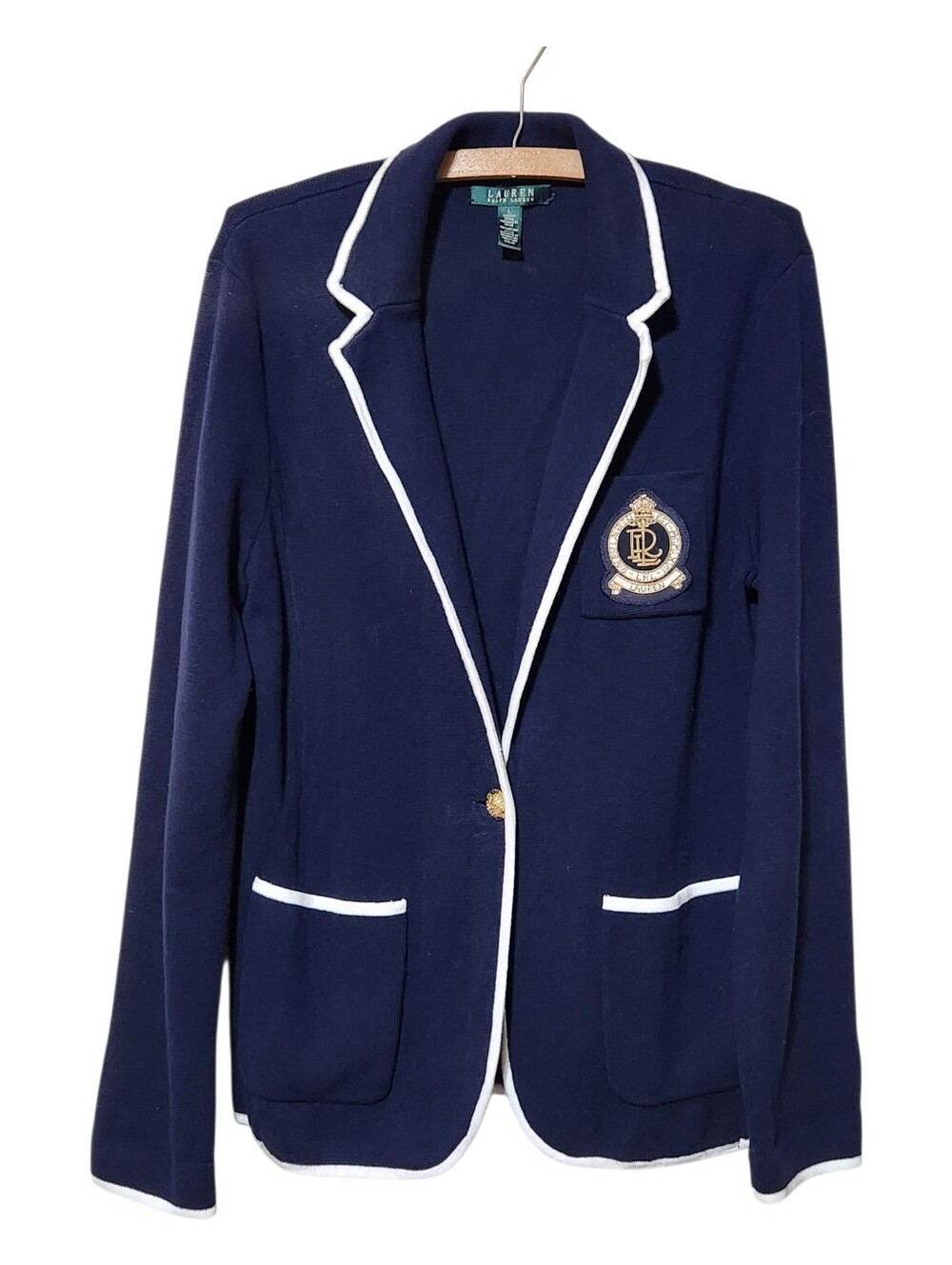 Vintage Ralph Lauren Bullion-Crest Navy & White Knit Blazer Large EUC
